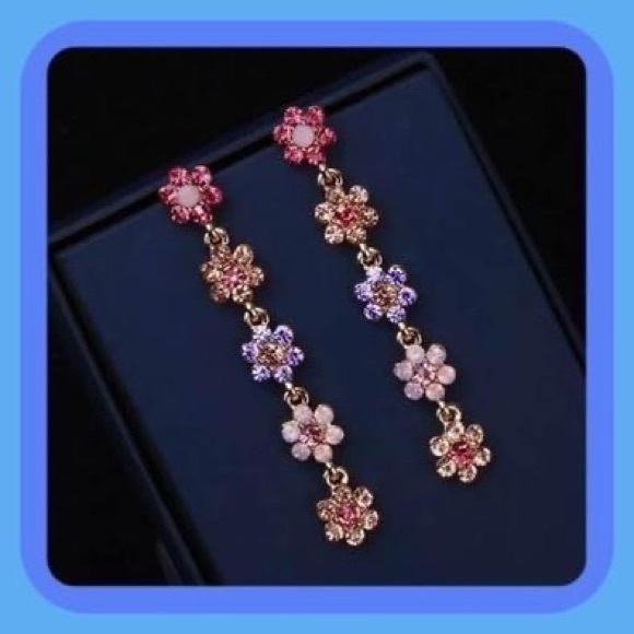 New Unique Pretty Cascading Multi Colorful Beauty Rhinestone Flower 🌸 Earrings - Picture 1 of 8